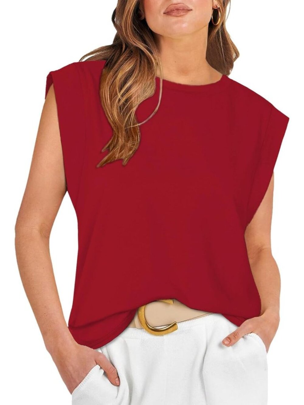 Women's Red Pull On Cap Sleeve Tank Tops Sleeve Striped Business Basic Shirts